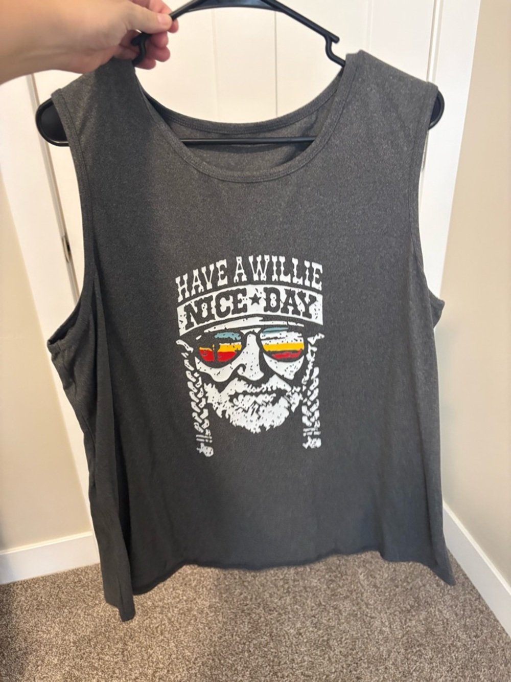 Graphic Sleeveless Tee with 'Have A Willie Nice Day' Print